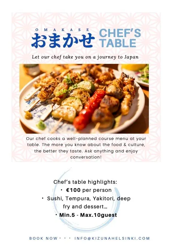 Omakase Chef’s Table -juliste: 100 euroa henkilöltä, sushi, tempura, yakitori, uppopaisto ja jälkiruoka, 5–10 vierasta.