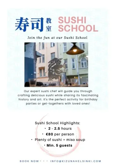 Sushikoulun juliste: kokki opastaa sushin tekoon, ravintolan kuva ja lokkilogo.