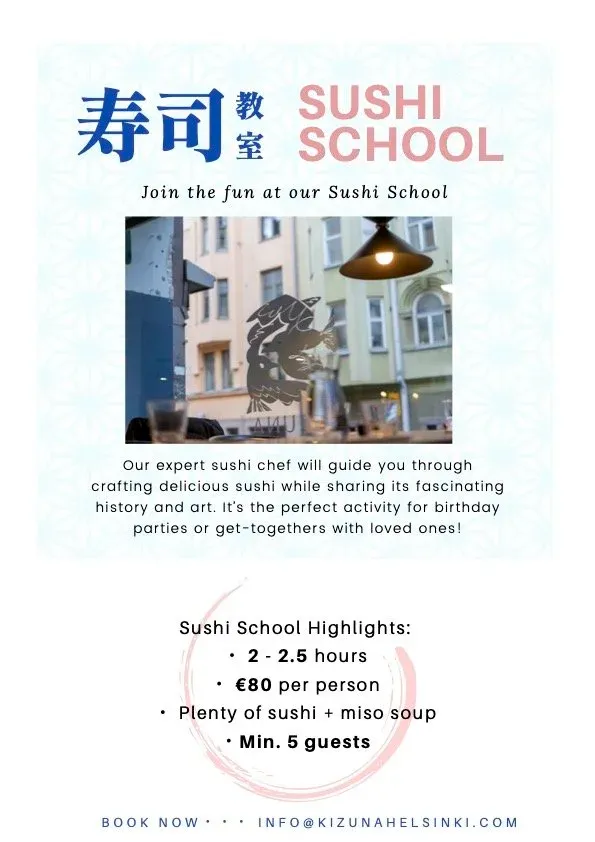 Sushi School -juliste: 2–2,5 tuntia, 80 euroa henkilöltä, sushia ja misokeittoa, vähintään 5 vierasta.